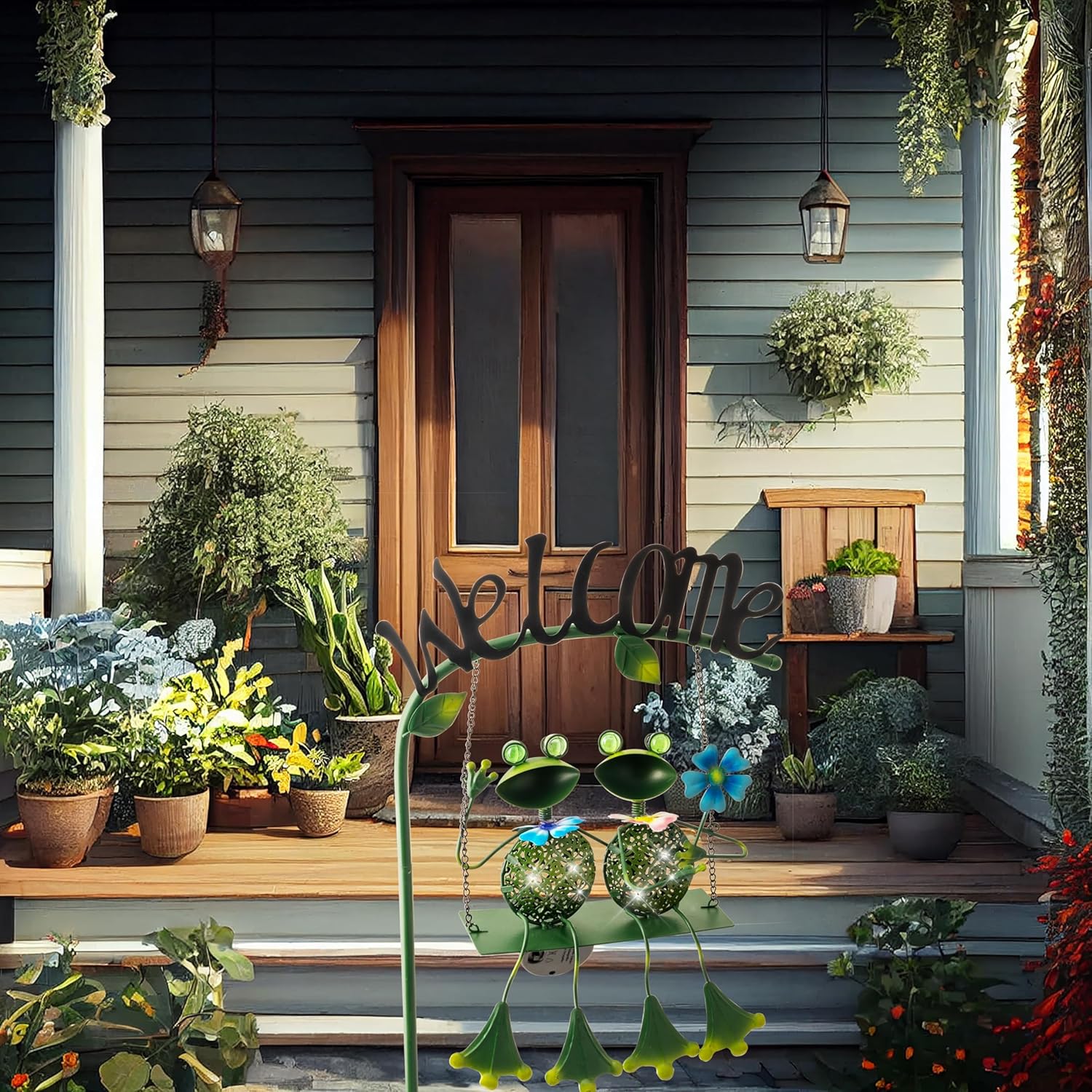 Frog Solar Light Garden Outdoor Decoration Swing Metal Stake Lamp with Welcome Sign Waterproof Patio Yard Decor Gifts-48 inch-VerdiqueGarden