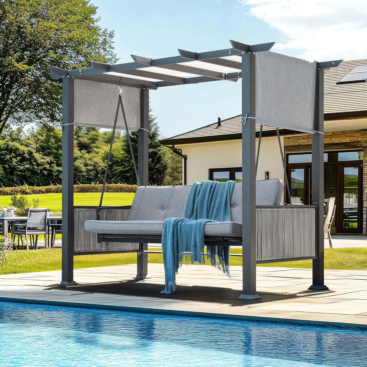 Pamapic 3-Seat Porch Swing Bed with Adjustable Canopy, Outdoor Hanging Swing Chair with Stand, Wicker Armrests, Patio Hammock Swinging for Porch, Backyard, or Garden, Comfortable Cushion, Gray-VerdiqueGarden