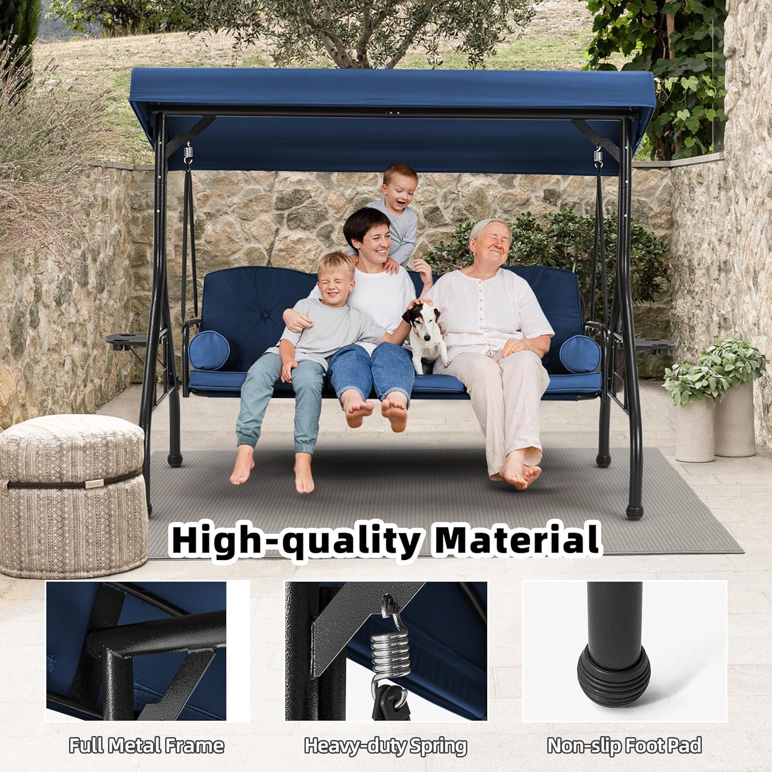 HOMREST 3 Seat Outdoor Porch Swing with Adjustable Canopy, Convertible Patio Swing Bed with Stand, Patio Glider Swing with Upgraded Cup Holder, Thicken Cushions ＆ Pillow for Backyard (Blue)-VerdiqueGarden