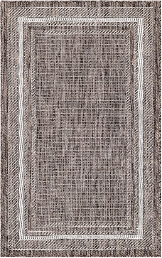 Unique Loom Outdoor Border Collection Area Rug - Soft Border (3' 3" x 5' 3" Rectangle Brown/Ivory)-VerdiqueGarden
