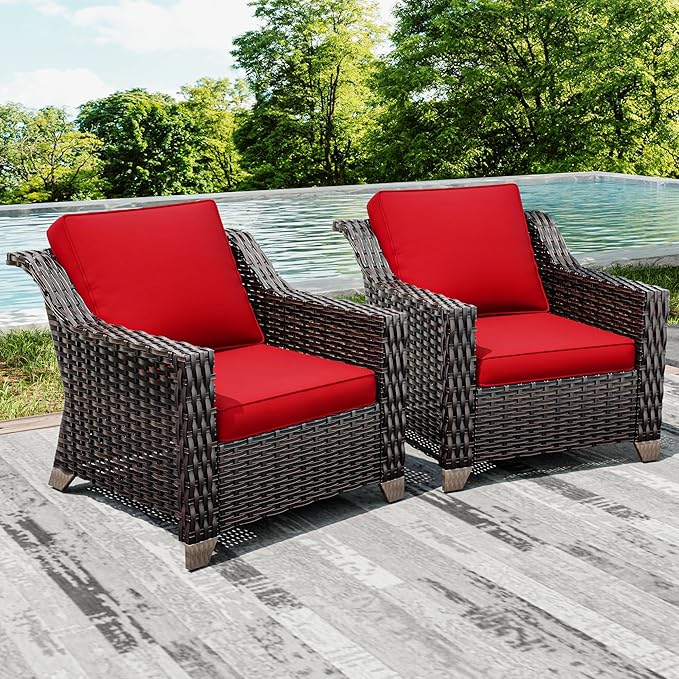 Joyside Wicker Patio Chairs Set of 2, Outdoor Rattan Furniture with Wide Armrest and Thick Cushions, Upgraded Large Size for Backyard, Garden, Poolside-VerdiqueGarden