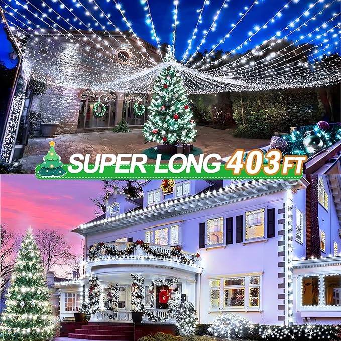 KNONEW 403ft 1000 LED String Lights Outdoor Christmas Lights 8 Modes & Timer Fairy Light Plug in Waterproof LED String Lights for Xmas Yard Tree Wedding Party Holiday Decorations (Cool White)-VerdiqueGarden
