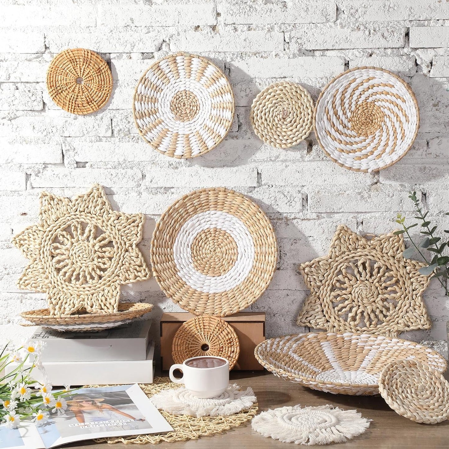 15 Pcs Boho Wall Basket Decor Woven Rattan Seagrass Wall Decor Hanging Rustic Farmhouse Western Art Decoration for Nursery Living Room Bedroom Home Kitchen(Grey White Style)-VerdiqueGarden