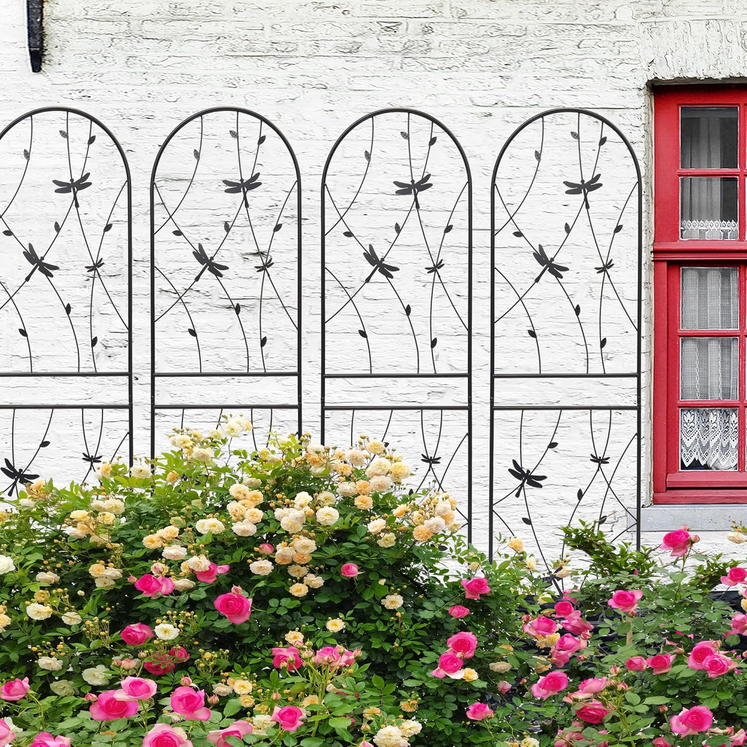 4 Pack Metal Garden Trellis 86.7" Tall Outdoor Climbing Plant Support for Roses, Flowers, Rustproof Durable Black Galvanized Tube, Lawn Garden Fence Decor Screen (4, Black dragonflies-86.7" H)-VerdiqueGarden