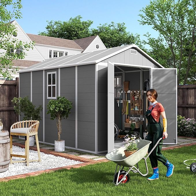 UDPATIO Outdoor Storage Shed 7.5x10.7 FT, Grey & White Resin & Steel Shed with Lockable Door for Backyard, Patio, Lawn-VerdiqueGarden