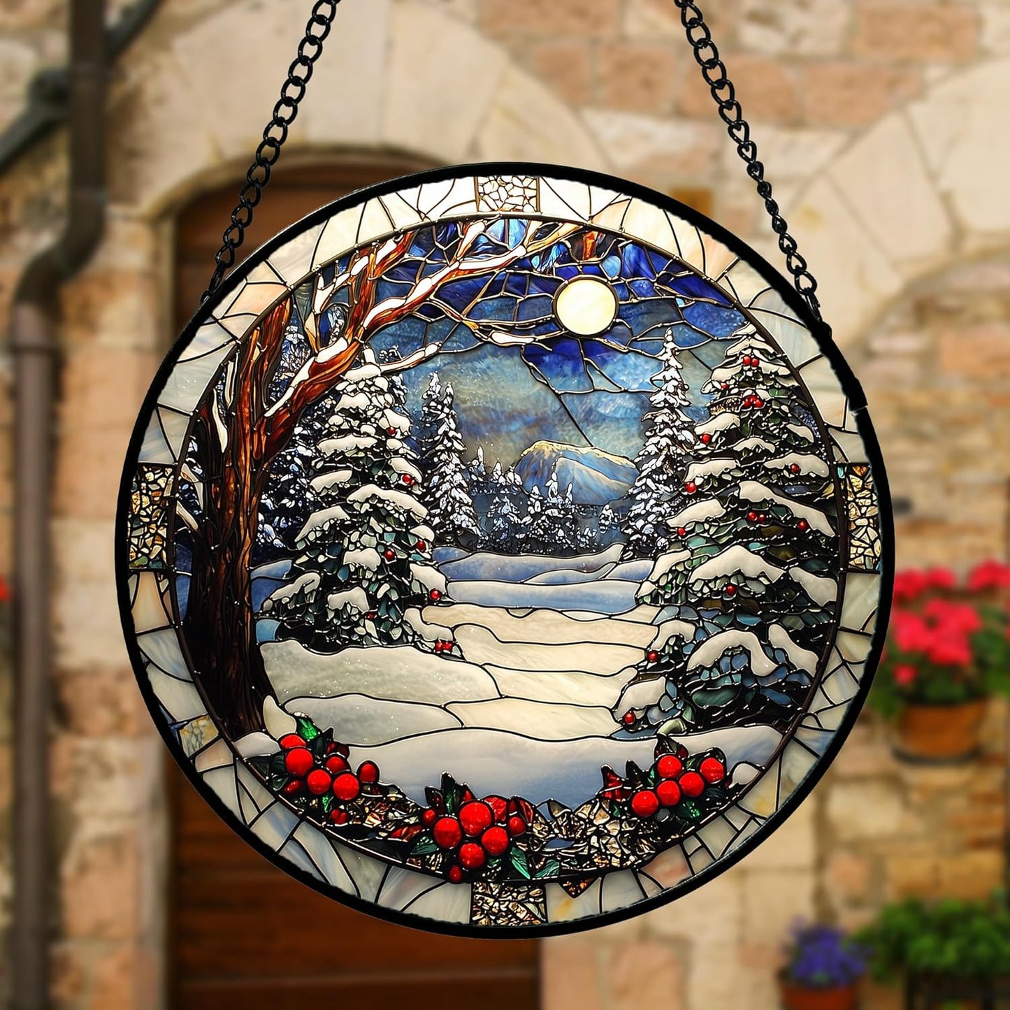 Stained Glass Window Hanging Christmas Tree Winter Snow Night Scenery 9.8" - Suncatcher Door Garden Kitchen Sun Catcher Home Decor Birthday for Mom Men Woman Friend-VerdiqueGarden