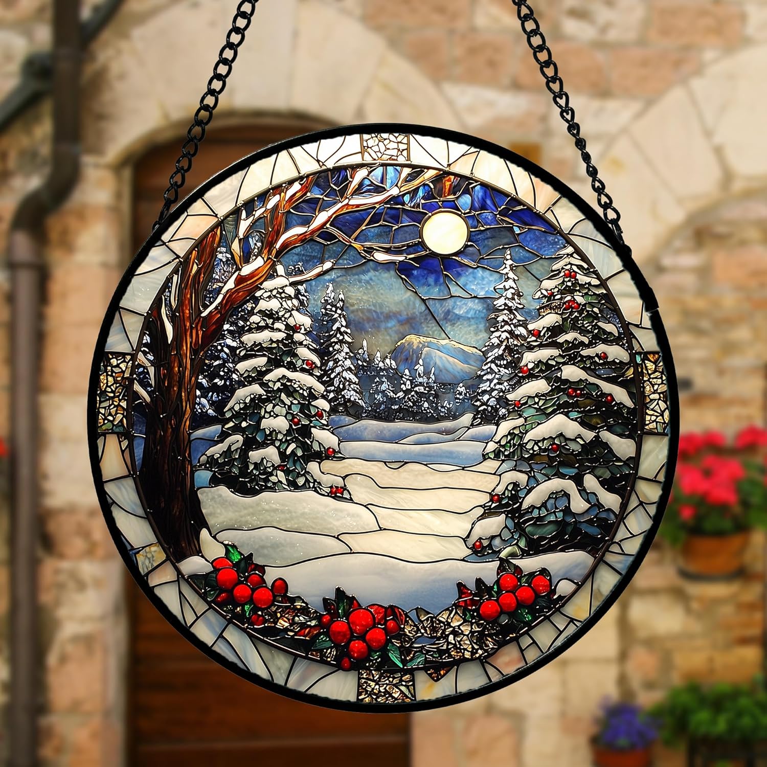 Stained Glass Window Hanging Christmas Tree Winter Snow Night Scenery 6.3" - Suncatcher Door Garden Kitchen Sun Catcher Home Decor Birthday for Mom Men Woman Friend-VerdiqueGarden