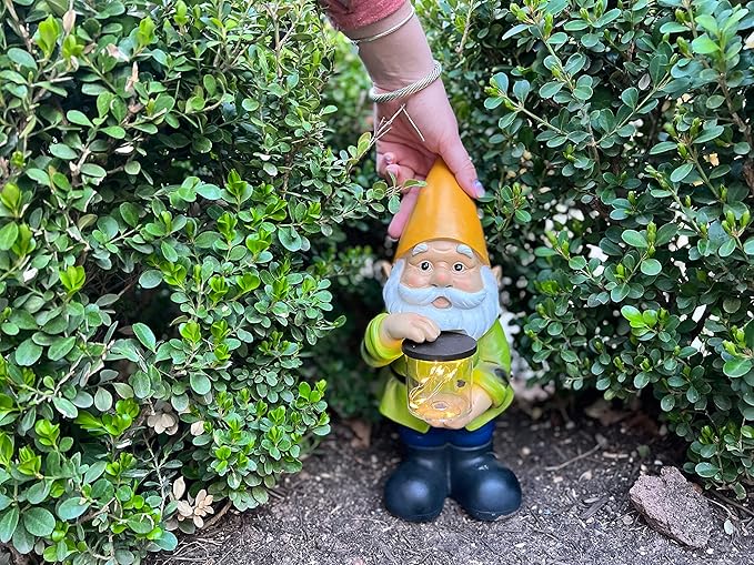 VP Home Jar Garden Gnomes Lawn Gnome with Solar Light Great Addition for Your Garden Solar Powered Knome Gifts for Outside Patio Lawn (Yellow Hat)-VerdiqueGarden