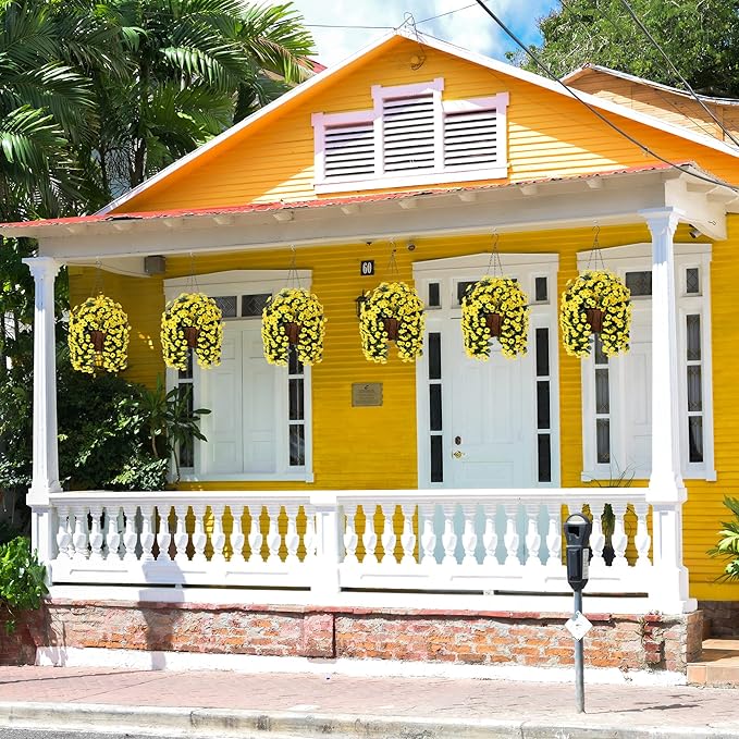 NXUGAO Artificial Flowers with Hanging Basket for Outdoors Indoors Decor, Faux Silk Chrysanthemum Plants in Baskets for Home Decoration Garden Yard Patio, 4 Bundles with 1 Basket-VerdiqueGarden