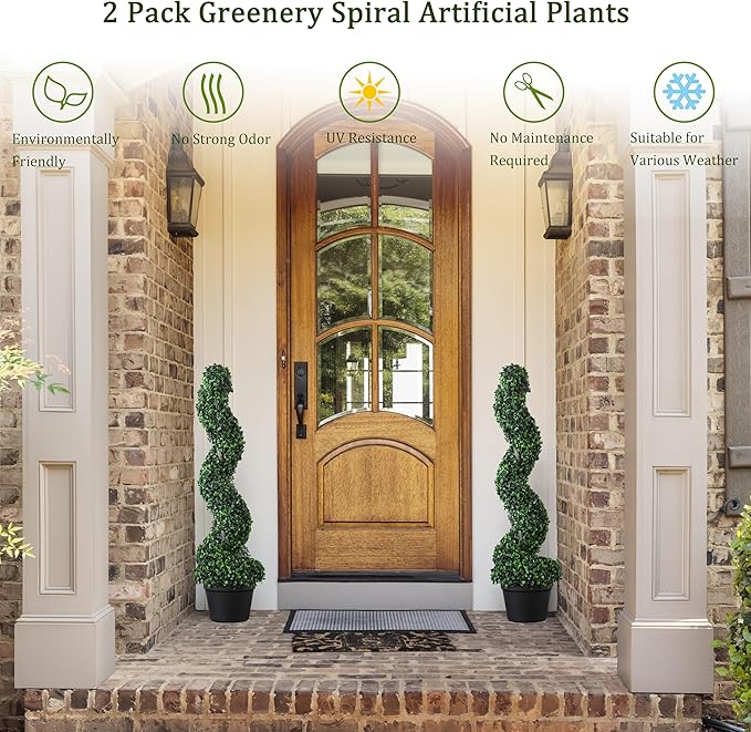 39 inchBoxwood Artificial Cedar Spiral Topiary Trees – Decorative Fake Greenery in Planter Pots for Front Porch, Outdoor Walkway, Entryway Decorating, Set of 2-VerdiqueGarden