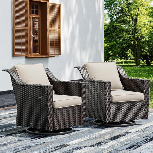 Joyside Swivel Patio Chairs Set of 2, Wicker Patio Furniture with Wide Armrest and Thick Cushions, Upgraded Large Size for Backyard, Garden, Poolside-VerdiqueGarden