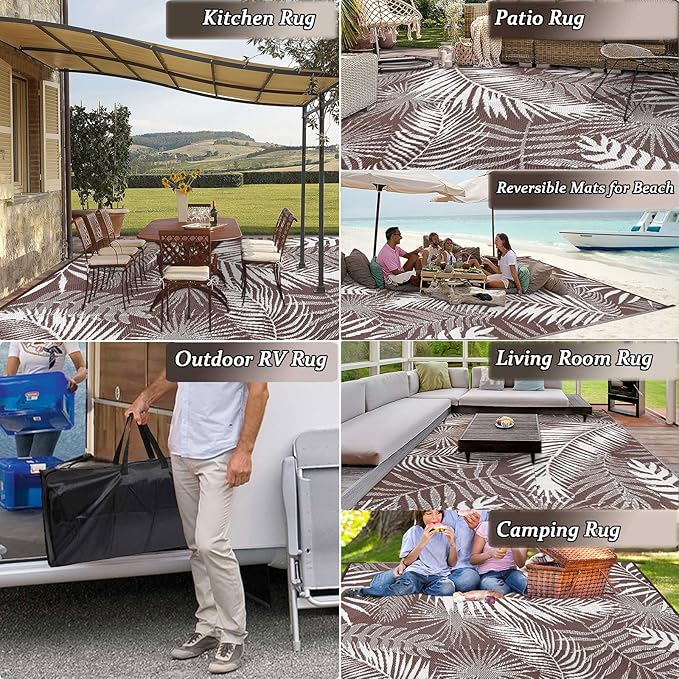 HiiARug Outdoor Rug 6x9Ft Outdoor Plastic Straw Rug Waterproof Outdoor Rugs for Patios Clearance Large Reversible Patio Mat Outdoor Area Rug for Patios Deck Beach RV Camper Backyard,Brown&White-VerdiqueGarden