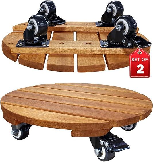 Idzo 2-Pack 14 Inch Acacia Wood Rolling Round Plant Caddy, Plant Caster for Heavy Duty Plant Stand with 360° Lockable Wheels, 264 lbs Capacity Caddy for Indoor and Outdoor Use, Natural Wood-VerdiqueGarden
