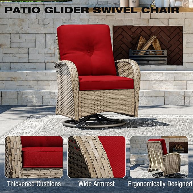 Joyside Outdoor Swivel Rocker Chairs, 3 Piece Wicker Patio Set with Thick Cushion and Side Table, Rattan Patio Swivel Rocking Chairs for Porch, Deck Use (Natural/Red, 3 PCS)-VerdiqueGarden