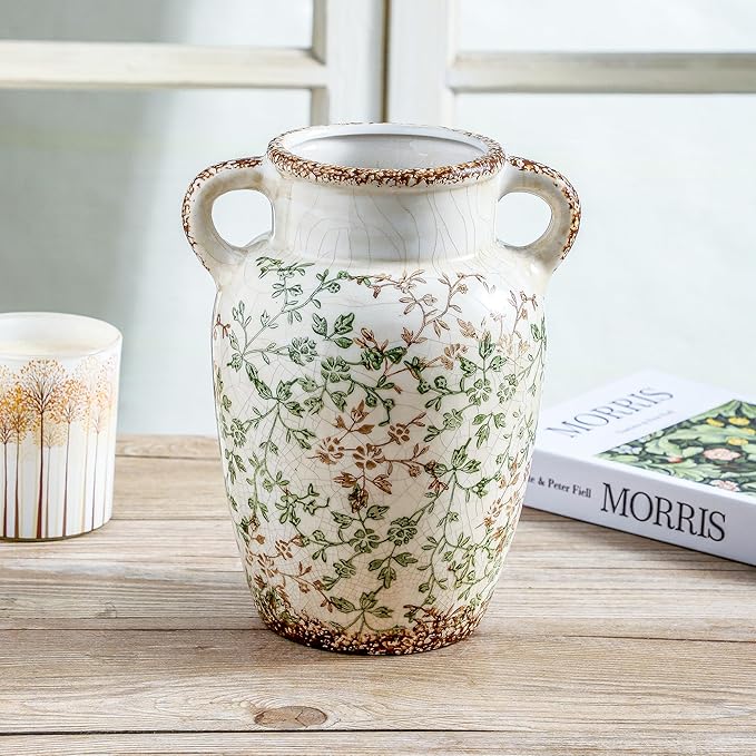 Enra Farmhouse Vintage vase with Handle,9.4 in Ceramic Chinoiserie Floral Vase,Green and Beige Decorative Flower vase,Large Rustic Vases for Home Decors, Living Room, Bookshelf, Office-VerdiqueGarden