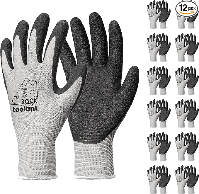toolant Crinkle Latex Work Gloves Bulk, Rubber Coated Safety Work Gloves for Men and Women, 12 Pairs for Construction, Gardening, Warehouse (Gray, XXL)-VerdiqueGarden