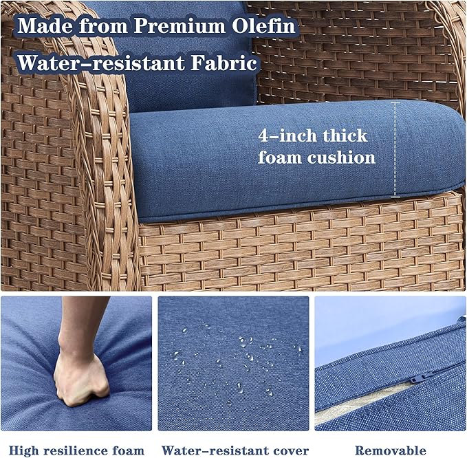 Wicker Outdoor Furniture Patio Furniture Set - 6 Piece Patio Conversation Set with Swivel Rocker Chairs, Loveseat Sofa, Ottomans and Coffee Table, Blue Cushion-VerdiqueGarden