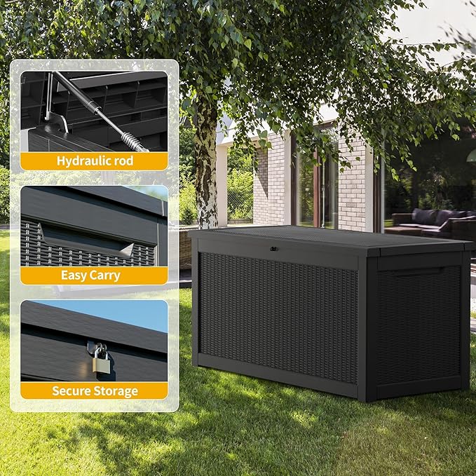 Extra-Large 320 Gallon Outdoor Storage Bin - Waterproof Resin Deck Box for Pool, Patio & Garden, Lockable Outdoor Deck Box for Cushions & Tools, UV-Resistant, Jet Black-VerdiqueGarden