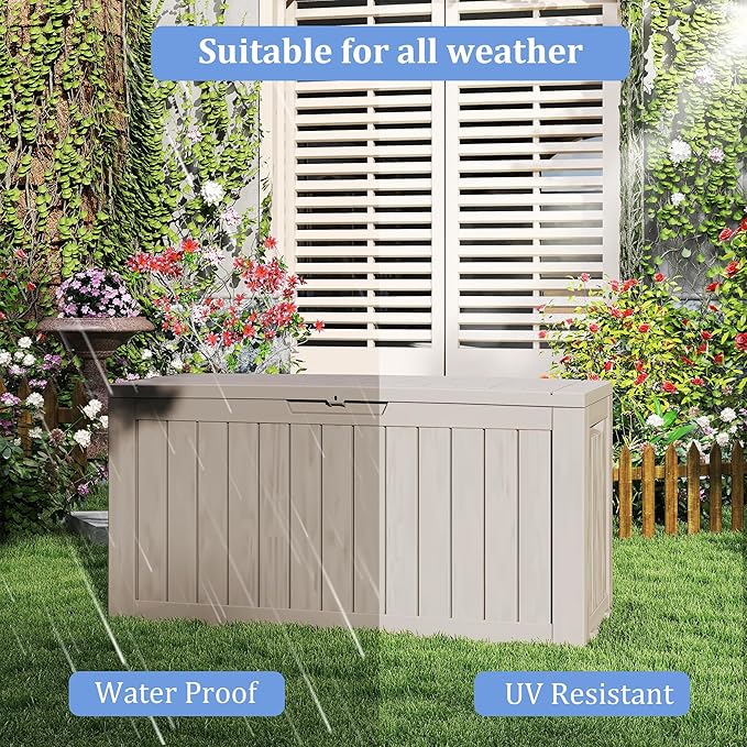 90 Gallon Outdoor Cushion Storage - Waterproof Deck Boxes for Outdoor, Space-Saving Deck Box with Lock for Patio/Pool Accessories, UV-Resistant Resin, Granite Grey-VerdiqueGarden