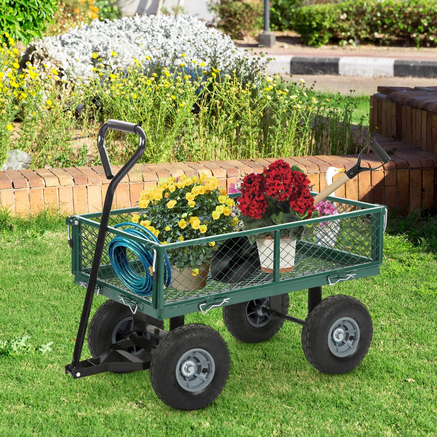 BestMassage Heavy Duty 500 Lbs Capacity Mesh Steel Garden Cart Folding Utility Wagon with Removable Sides for Beach Lawn Yard Landscape (Green)-VerdiqueGarden