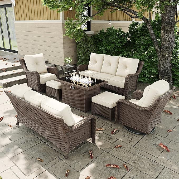 8 Pieces Outdoor Patio Furniture Sets with Rocking Swivel Chairs with 6-inch Thick Cushion and Fire Pit Table for Deck Lawn-VerdiqueGarden