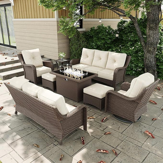 8 Pieces Outdoor Patio Furniture Sets with Rocking Swivel Chairs with 6-inch Thick Cushion and Fire Pit Table for Deck Lawn-VerdiqueGarden