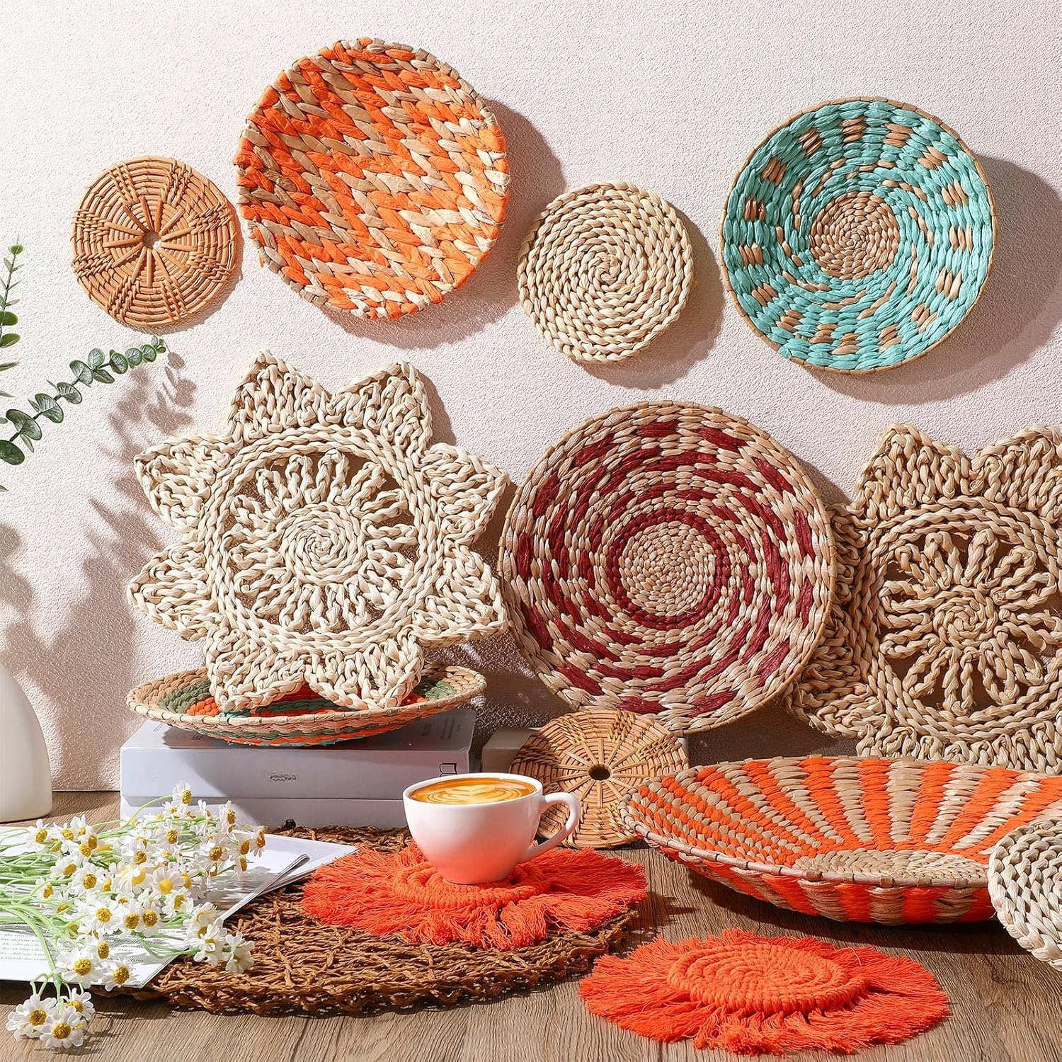 15 Pcs Boho Wall Basket Decor Woven Rattan Seagrass Wall Decor Hanging Rustic Farmhouse Western Art Decoration for Nursery Living Room Bedroom Home Kitchen(Orange Style)-VerdiqueGarden