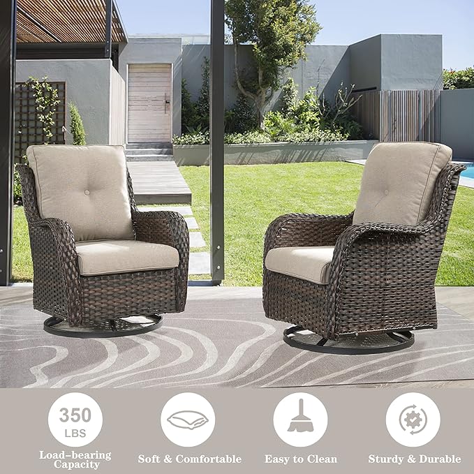Outdoor Furniture Sectional Sofa L Shaped Couch - Patio Wicker Set with 2 Swivel Glider Chairs, 5 Piece Rattan Patio Conversation Sets with Beige Cushion for Deck Backyard Sunroom-VerdiqueGarden
