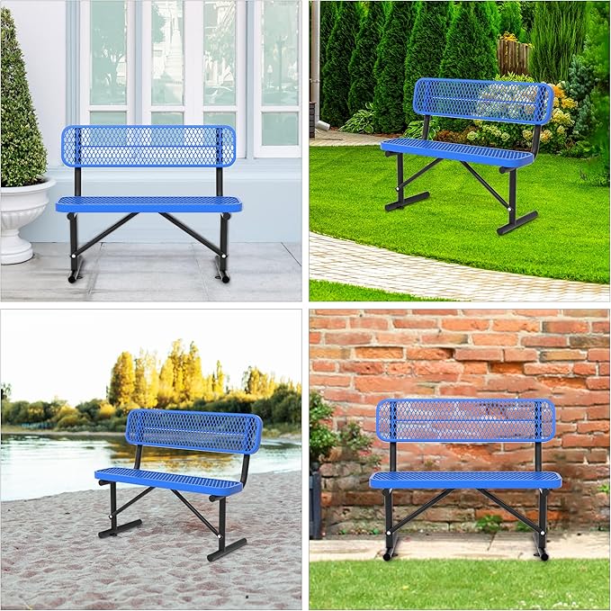 Heavy Duty Park Bench with Back Portable Frame, Outdoor Steel Bench with Backrest, Outdoor Park Bench Expanded Metal Mesh Bench for Lawn, Park, Deck, Garden, Patio, Porch, Black (Blue, 4FT)-VerdiqueGarden