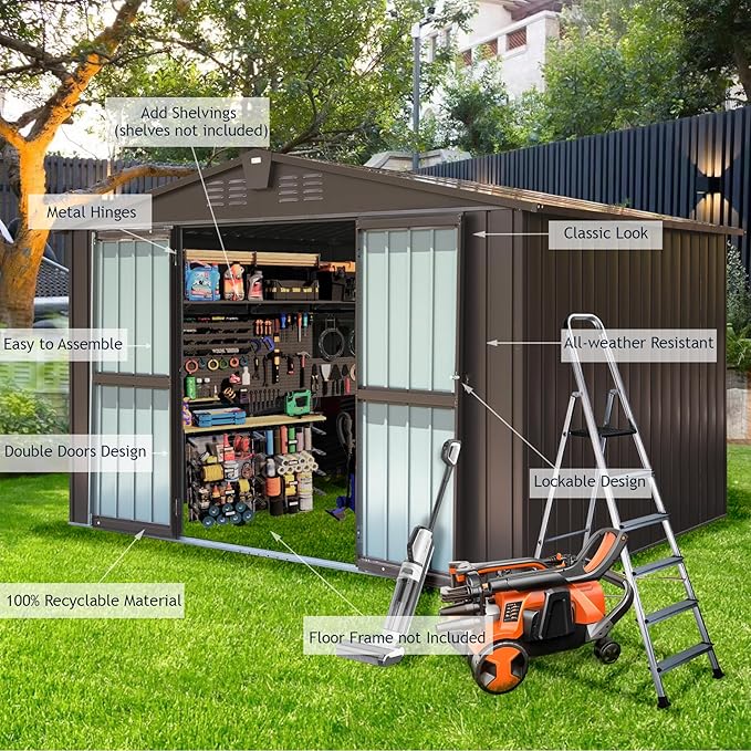 Domi Outdoor Storage Shed 10' x 8’, Metal Garden Shed with Galvanized Steel Frame for Bike, Tools, Lawn Mowers, Pool Toys, Outdoor Storage Cabinet with Lockable Door for Garden Lawn Patio (Dark Brown)-VerdiqueGarden