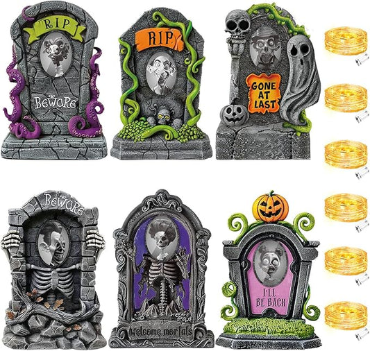Hiboom 6 Set Large Halloween 3D Changing Face Rip Graveyard Tombstones and 23.6x15.7 Inch Halloween Skeleton Headstone 6 Pcs LED String Lights Halloween Decoration for Yard Garden Lawn-VerdiqueGarden
