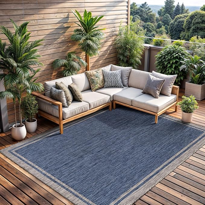 CAMILSON Outdoor Rug, 9x12 Bordered Navy Blue Gray Modern Large Area Rugs for Indoor and Outdoor Patios, Porches Waterproof Washable Porch Deck Outside Carpet (Bordered Navy, 9 x 12)-VerdiqueGarden