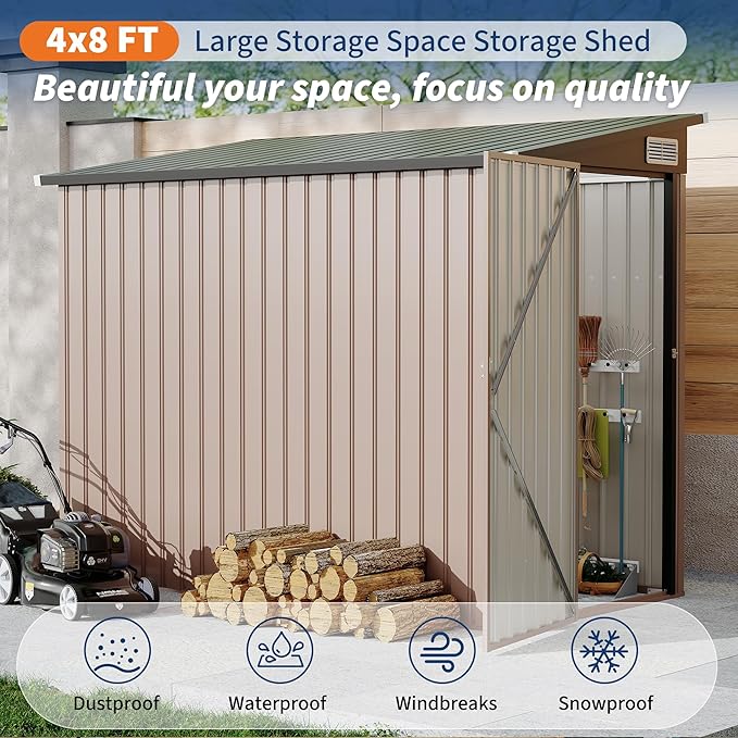 4x8 FT Metal Outdoor Lean to Storage Shed, Lean to Garden Shed Utility Tool Shed, Heavy-Duty Outdoor Metal Wall Side Storage Sheds-VerdiqueGarden