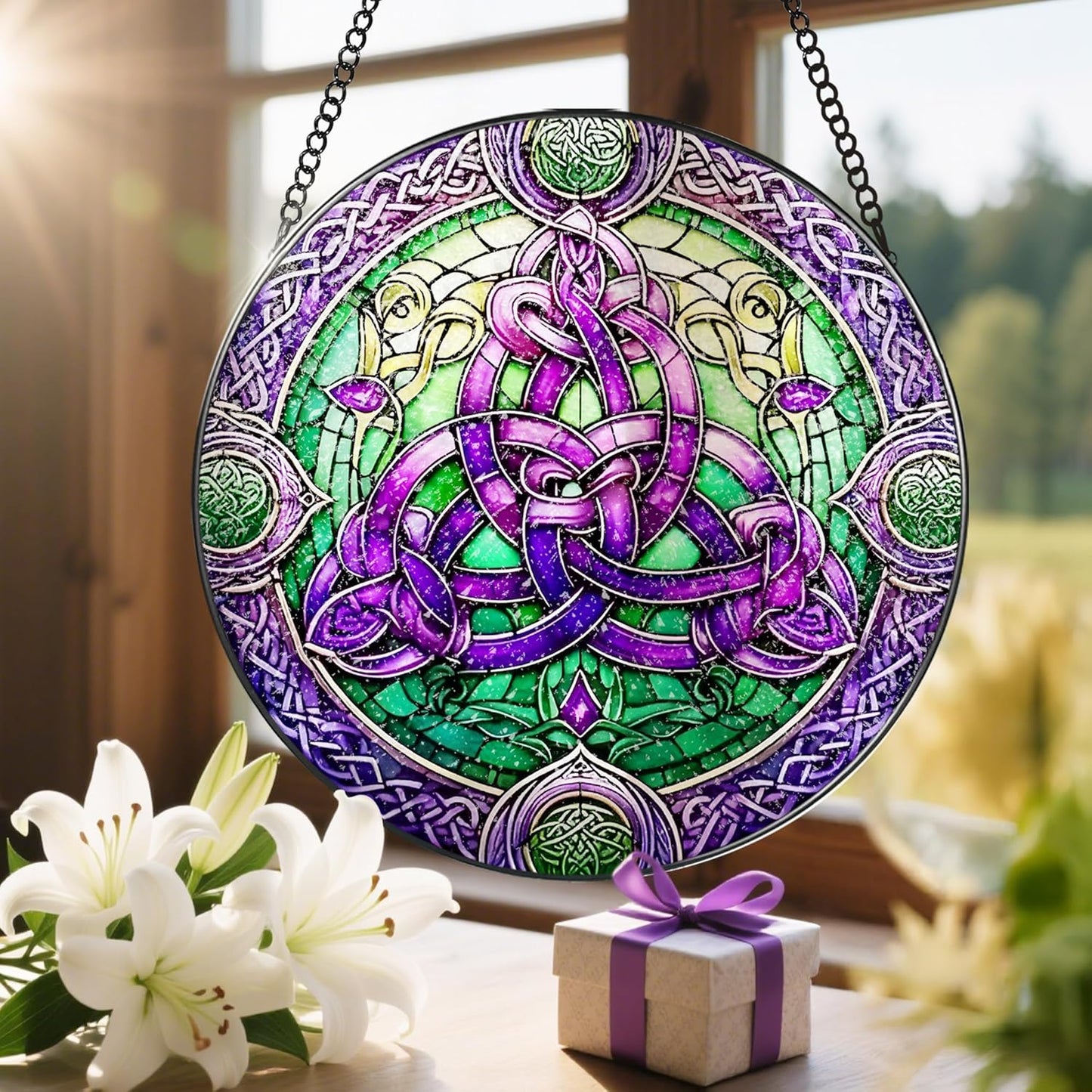 Stained Glass Window Hanging, LAOWEIKI 8'' Celtic Knot Suncatcher, Stained Glass Ornament, Suncatchers for Windows Hanging, Window Decor, Outdoor or Indoor, Gifts for Friends, Women, Art Lover-VerdiqueGarden