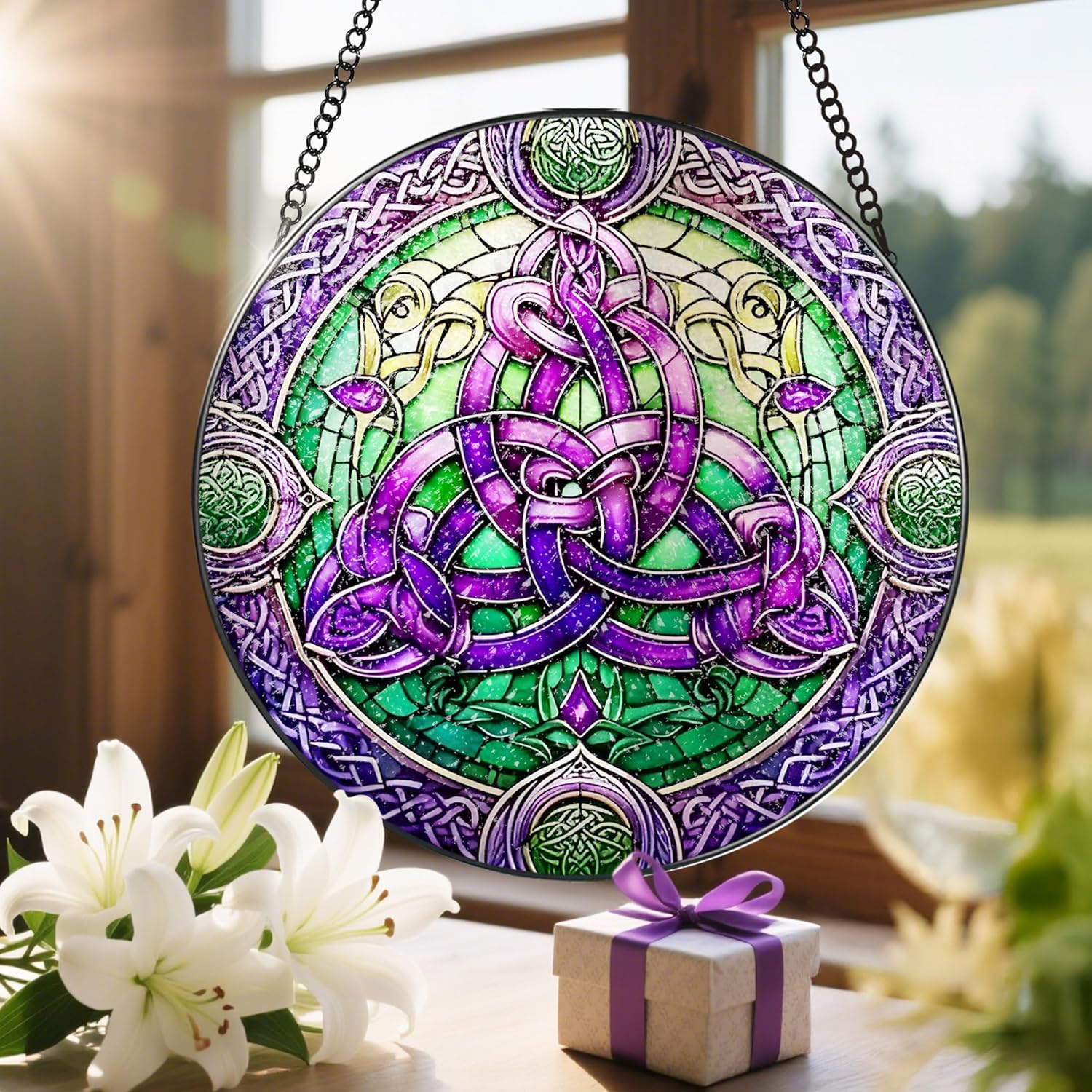 Stained Glass Window Hanging, LAOWEIKI 8'' Celtic Knot Suncatcher, Stained Glass Ornament, Suncatchers for Windows Hanging, Window Decor, Outdoor or Indoor, Gifts for Friends, Women, Art Lover-VerdiqueGarden