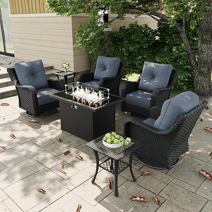 7 Pieces Outdoor Patio Furniture Sets with Rocking Swivel Chairs with 6-inch Thick Cushion and Fire Pit Table for Deck Lawn-VerdiqueGarden
