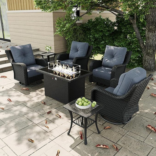 7 Pieces Outdoor Patio Furniture Sets with Rocking Swivel Chairs with 6-inch Thick Cushion and Fire Pit Table for Deck Lawn-VerdiqueGarden