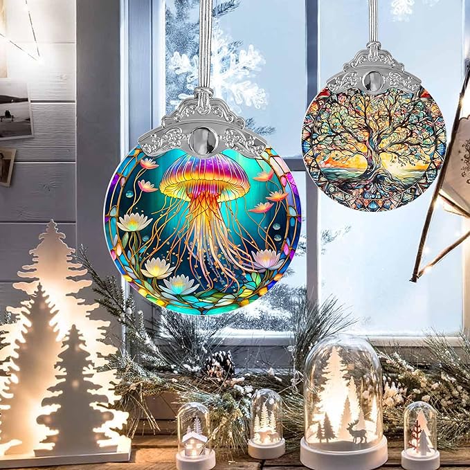 Stained Glass Suncatcher, Jocidea Jellyfish Ornament, Christmas Ornaments, Holidays Ornaments, Christmas Tree Decor, Jellyfish Decor for Home, Jellyfish Gifts-VerdiqueGarden