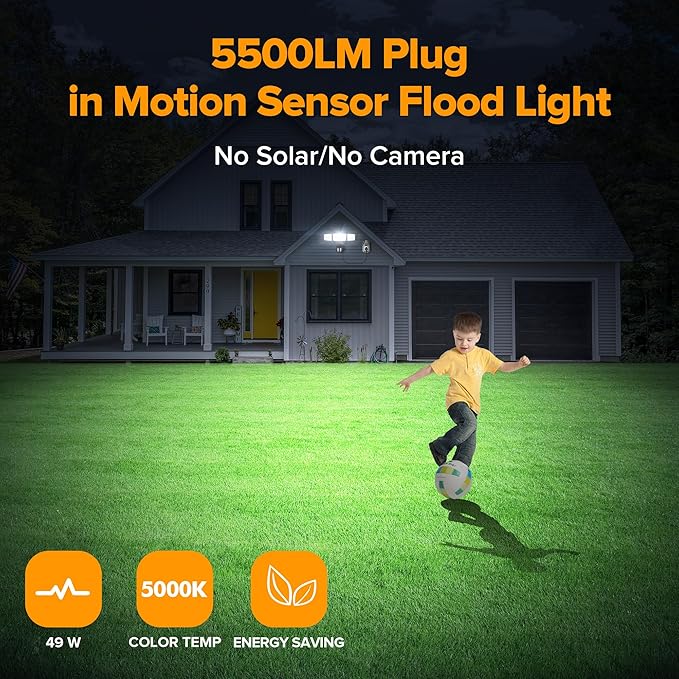 LUTEC 49W Motion Sensor Outdoor Lights, 5500 LM Plug in Flood Light Outdoor, Dusk to Dawn, IP65 Waterproof Security Lighting, 5000K Daylight, Adjustable Wall-Mounted for Garage, Yard, Porch (Black)-VerdiqueGarden