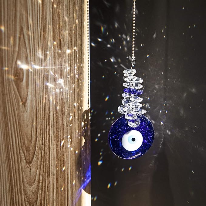 Blue Glass Evil Eye Talisman with Crystal Beads - Good Luck Charm, Home, Office, Car Decoration, Blessing Ornament, Reflects Negative Energy-VerdiqueGarden