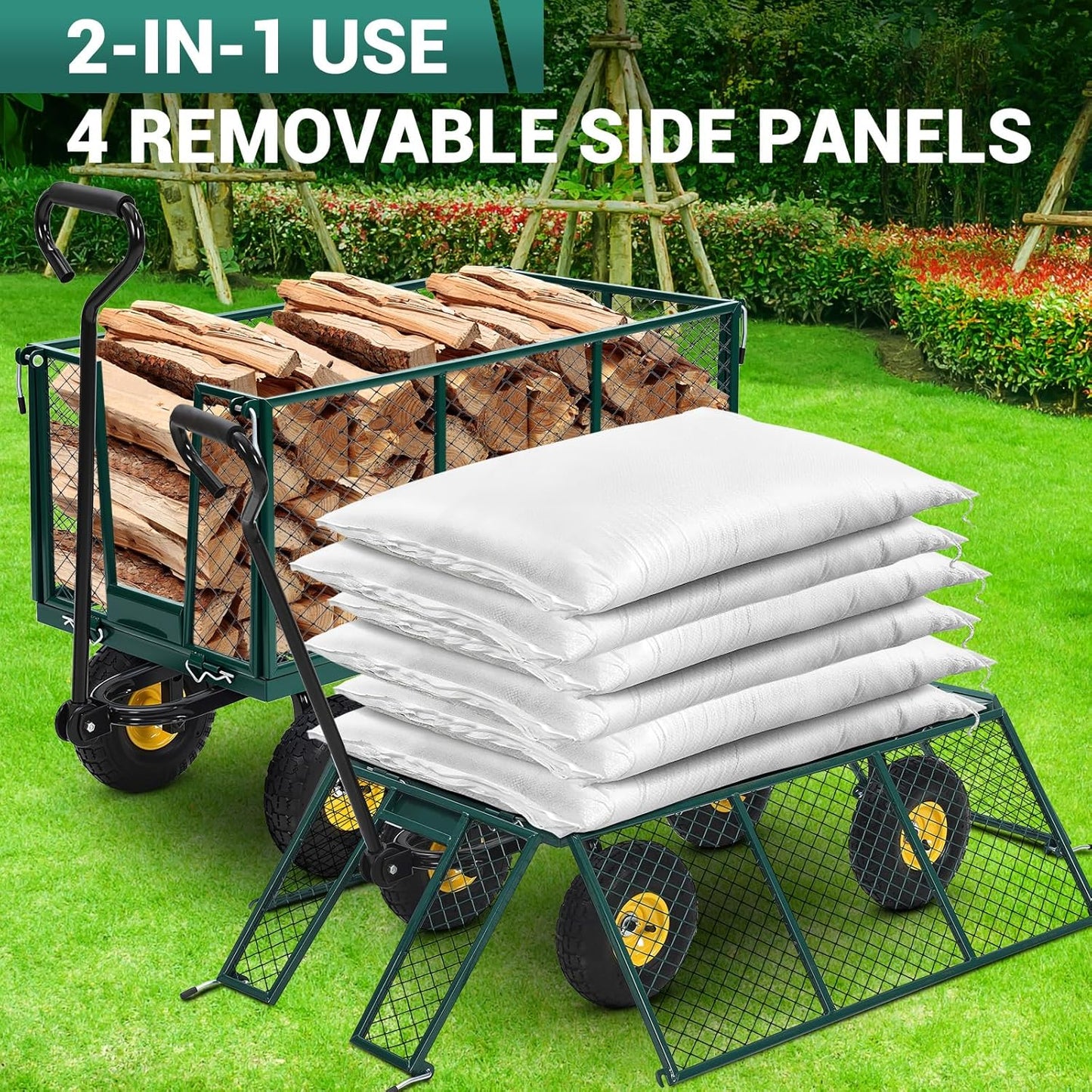 Heavy Duty Steel Garden Cart, 1100LBS Pullable Metal Garden Wagon with 10" Wheels, 180° Rotating Handle and Removable Sides for Outdoor, Farm, Yard, Beach ﻿-VerdiqueGarden