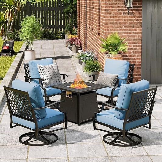 Patio Furniture Set with Fire Pit Table, 5 Pcs Metal Outdoor Conversation Set, 4 Swivel Chairs with 5.75" Extra Thick Cushion and 28" Fire Pit Table for Backyard Deck, Blue-VerdiqueGarden