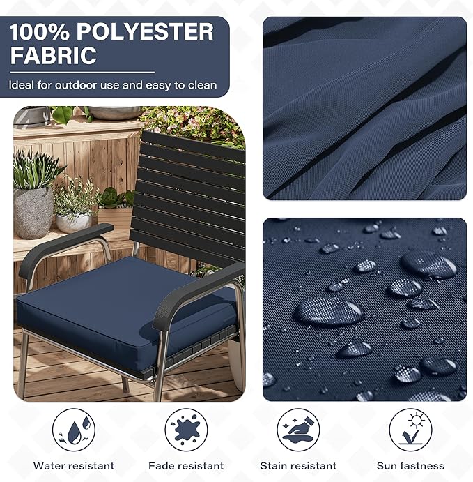 Patio Chair Cushions 17 X 16 X 3 Inch Waterproof Outdoor Seat Cushions for Patio Furniture, Outdoor Sofa Couch Pads with Ties & Handle, Set of 2, Navy Blue-VerdiqueGarden