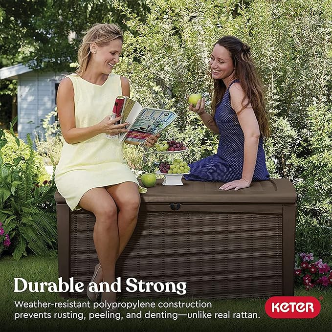 Keter Outdoor Storage Deck Box, for Patio, Backyard & Garden, Borneo, 110 Gallon, Brown - Lockable, Organizing, and Waterproof Plastic Container Bench-VerdiqueGarden