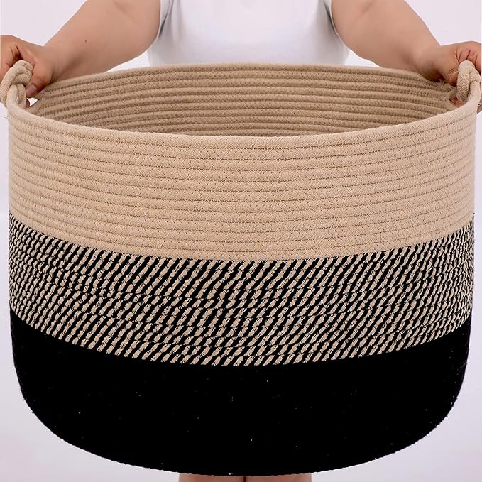 KAKAMAY Large Blanket Basket (20"x13"),Woven Rope Baskets for storage Baby Laundry Hamper, Cotton Rope Blanket Basket for Living Room, Laundry, Nursery, Pillows,Baby Toy chest (Jute/Black)-VerdiqueGarden