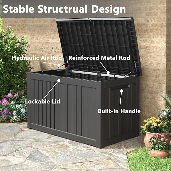 KAMABOKO 230 Gallon Outdoor Storage Box, Resin Deck Boxes Indoor and outdoor, Waterproof Storage Box Lockable Lid for Garden Tools, Package Delivery, Patio Cushions, Black-VerdiqueGarden