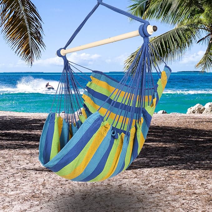 Highwild Hammock Chair Hanging Rope Swing - Max 500 Lbs - Steel Spreader Bar with Anti-Slip Rings - for Any Indoor or Outdoor Spaces (Blue Striped)-VerdiqueGarden