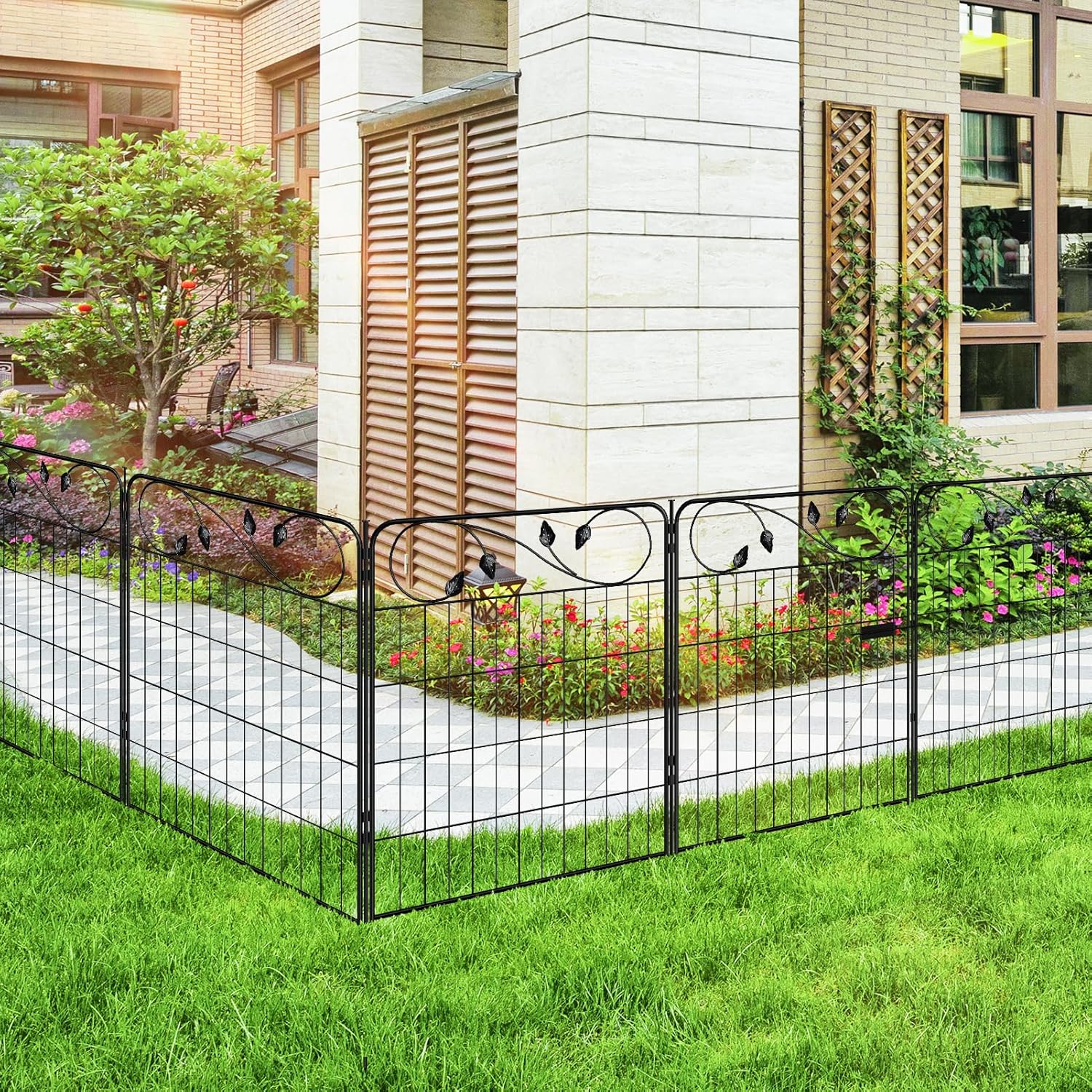 Decorative Metal Garden Fence 30in(H) X16ft(L) 1 gate+7 Panels Temporary Dog Fence Border for Landscape Patio Outdoor with gate, No dig Garden Fencing Gates for Yard-VerdiqueGarden