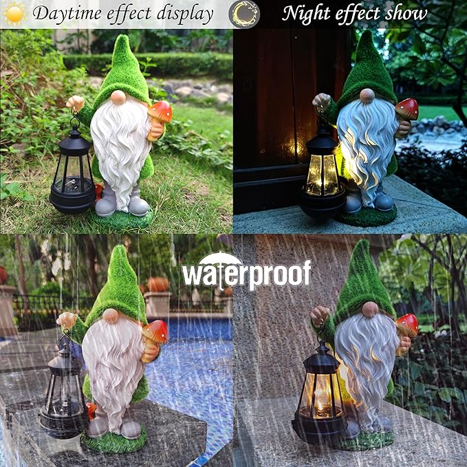 Solar Gnomes Garden Statues,Resin Gnome Figurine Holding Mushroom and Solar Lights Lantern,Outdoor Yard Art Decorations for Garden Patio Lawn-VerdiqueGarden