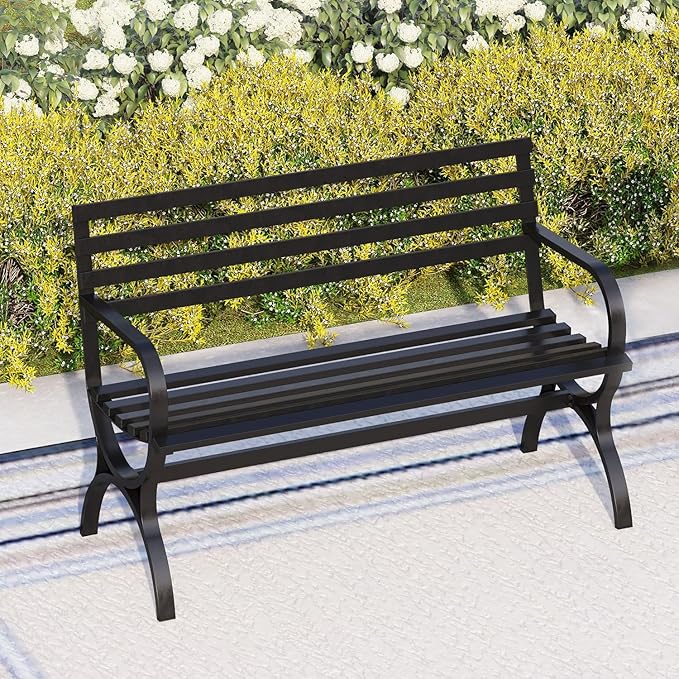 PHI VILLA Outdoor Garden Bench, 48” Long Metal Steel Bench with Backrest and Armrests, Modern Slatted Design for Patio, Lawn, Yard, Porch - Black-VerdiqueGarden